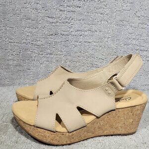 Clarks  Annadel Bari Sand Leather Nubuck Wedge Sandals Womens Size 8.5,10,11 NEW